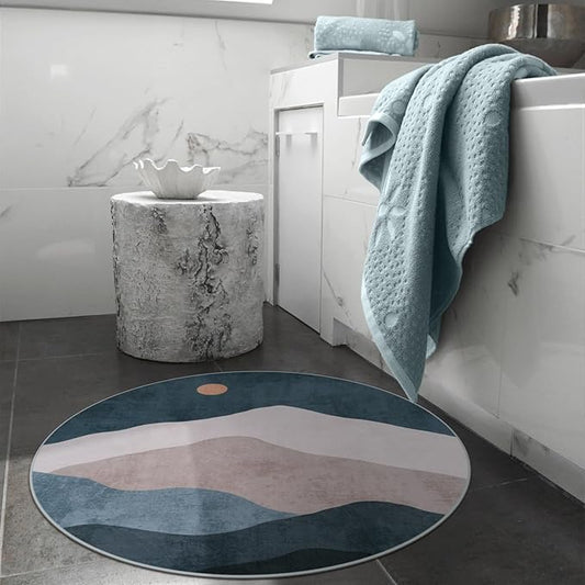 3ft Abstract Round Rug,Boho Washable Non-Slip Mountain Rugs for Entryway,Soft Ultra-Thin Small Indoor Throw Rugs for Bedroom/Bathroom/Laundry Room/Kitchen (Blue)