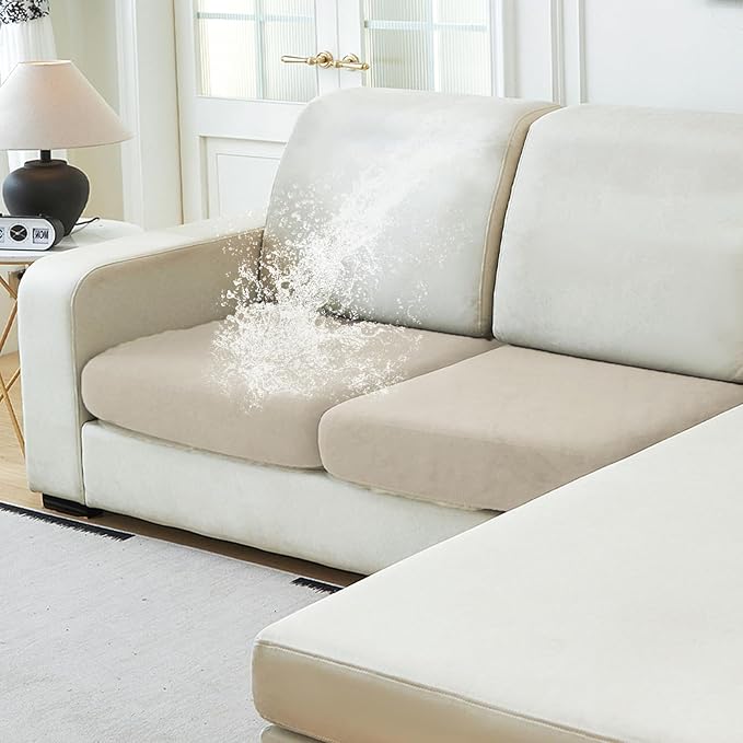 NAISI Waterproof Couch Cushion Covers Thick Velvet Fabric Washable Sofa Slipcovers 2 Pieces Individual Sectional Couch Covers with Elastic Bottom(2 Pcs for 2-Seat or Backrest,Light Taupe)
