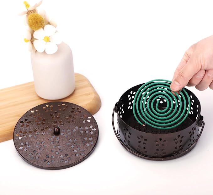 2-Pack Citronella Coil Holder Portable Iron Mosquito Coil Holder Incense Burner with Lid and Handle Round Coil Incense Holder (Bronze/Pink)
