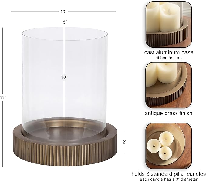 Kate and Laurel Rooks Modern Large Metal Pillar Candle Holder with Hurricane, 10 Inch Diameter, Antique Brass, Transitional Ribbed Oversized Hurricane Candle Holder with Glass Cylinder for Living Room