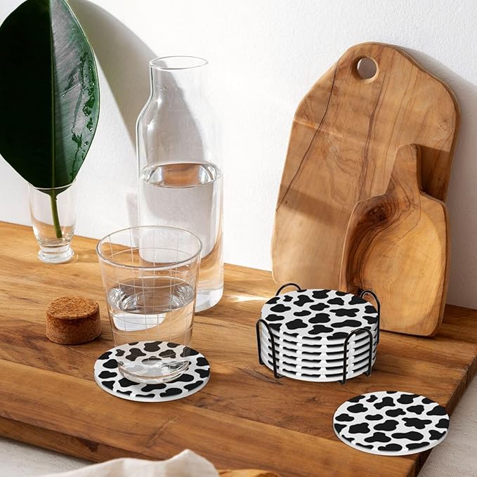 6 Pcs Ceramic Coasters with Holder Absorbent Drink Round Animal Cow White Black Spot Design for Home Table Coffee Cup Wine Beer Bar,Size 4.4 inches