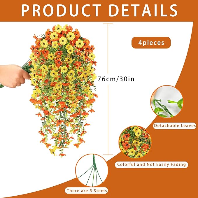 Artificial Fake Hanging Flowers Plants for Outdoor Fall Decoration, 4PCS UV Resistant Look Real Trailing Vines for Outside Home Planter Porch Patio Mums Autumn Decor(Orange&Yellow)