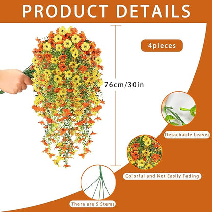 Artificial Fake Hanging Flowers Plants for Outdoor Fall Decoration, 4PCS UV Resistant Look Real Trailing Vines for Outside Home Planter Porch Patio Mums Autumn Decor(Orange&Yellow)