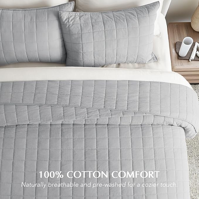 EVERGRACEHOME 100% Cotton Box Stitch Quilt Bedding Set Queen Size 3 Pieces, Garment-Washed Lightweight Soft Cozy Coverlet, Quilted Bedspread Sets with 2 Shams for All Season, Fog Gray