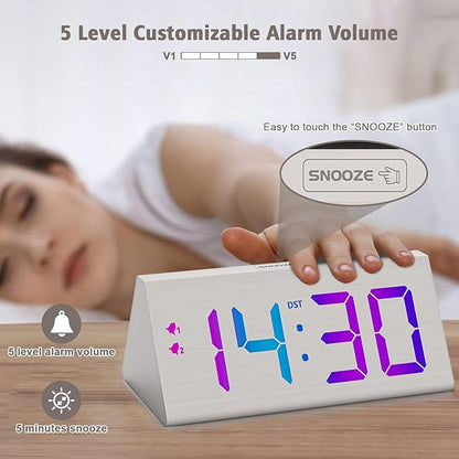 Wooden Digital Alarm Clock with Dual USB Charging Ports, DST, Dimmable, Snooze, RGB Colors, Modern Large Time Display LED Clock for Kids Bedrooms, Living Room, Desk, Table, Bedside, Nightstand (White)