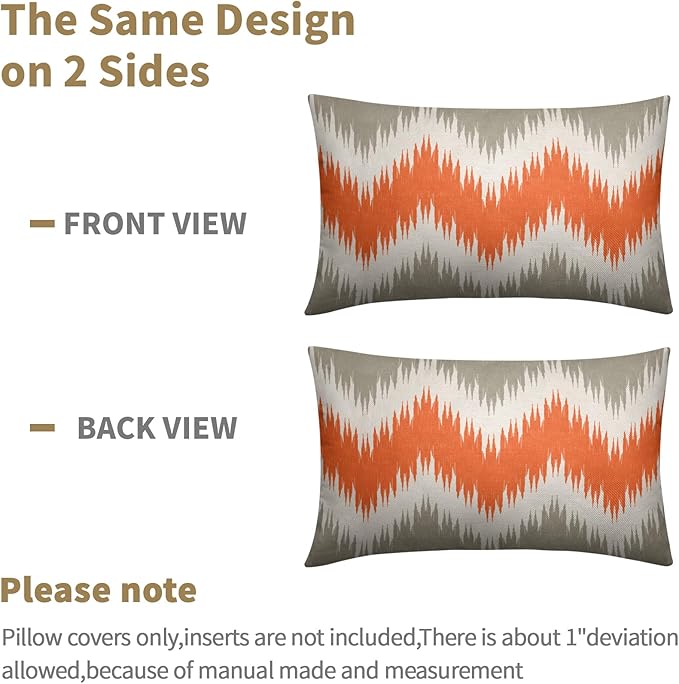 Fall Orange Grey Lumbar Pillow Covers 12x20 Set of 2 Abstract Chevron Striped Vitage Decorative Throw Pillows Outdoor Linen Farmhouse Pillowcase with Zipper Cushion Cover Decor for Home Sofa Couch Bed