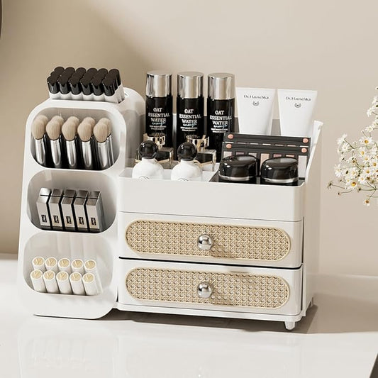 Makeup Organizer with Drawers,Large Capacity Countertop Organizer for Vanity,Bathroom and Bedroom Desk Cosmetics Organizer,Easy To Storage Skincare,Brushes,Lotions,Lipstick (All white)