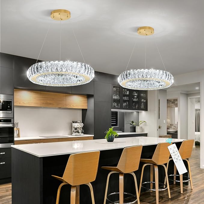 Modern Chandelier Crystal LED Dimmable Ring Pendant Lights Adjustable Hanging Lighting Chandeliers Fixtures for Dining Room Bedroom Kitchen Island Table Gold Light