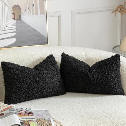 Yaertun Pack of 2 Faux Fur Throw Pillow Covers Decorative Sherpa Boucle Pillow Covers Fuzzy Soft Pillowcases Sheepskin Fleece Cushion Case for Couch Sofa Bed Living Room 12x20 Inch Black