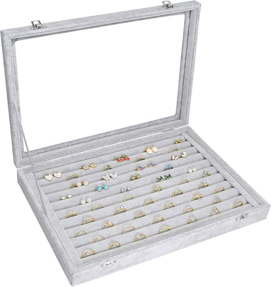Rings Organizer Tray 10 Slots Velvet Ring Display Tray Insert Jewelry Earring Storage Box with Transparent Glass lid Can Hold 100 Rings Earrings Suitable for Girls and Women (Grey)
