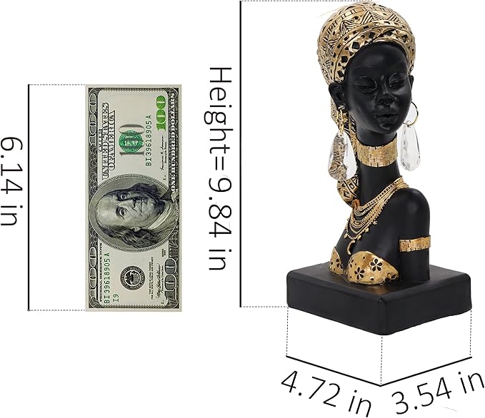 African Lady Bust Sculpture with Golden Headwrap – Resin Figurine with Earrings and Necklace, Modern African Woman Statue for Home Decor and Cultural Gift
