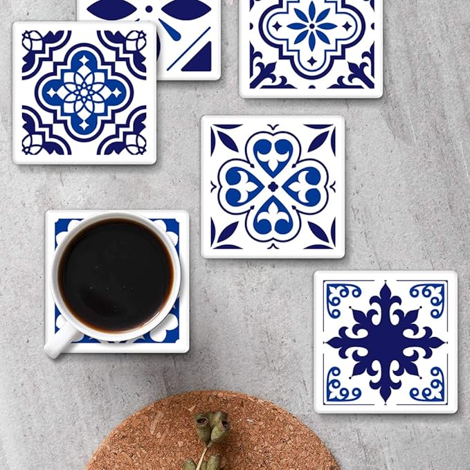 Coasters for Drinks Set of 6, Navy Blue Ceramic Tiles Geometric Pattern Absorbent Square Ceramic Stone Mat, with Cork Base and Metal Holder, Gift for Housewarming Room Bar Decor