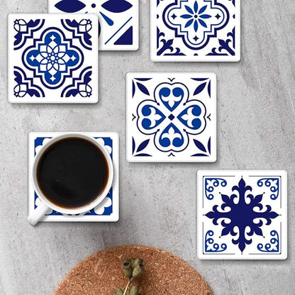 Coasters for Drinks Set of 6, Navy Blue Ceramic Tiles Geometric Pattern Absorbent Square Ceramic Stone Mat, with Cork Base and Metal Holder, Gift for Housewarming Room Bar Decor