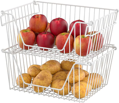 Slideep 14'' Large Stackable Storage Baskets Cabinet Organizer Sturdy Metal Wire Pantry Freezer Bin for Pantry Home Bathroom Kitchen Organization White - 4 Pack