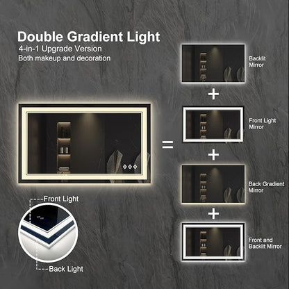 Lighted Vanity Mirror, 40x24 Inch Gradient Front and Backlight LED Vanity Mirror, 3 Colors Dimmable CRI>90 Double Lights, IP54 Enhanced Anti-Fog, Hanging Plates Wall Mount Bathroom Mirror