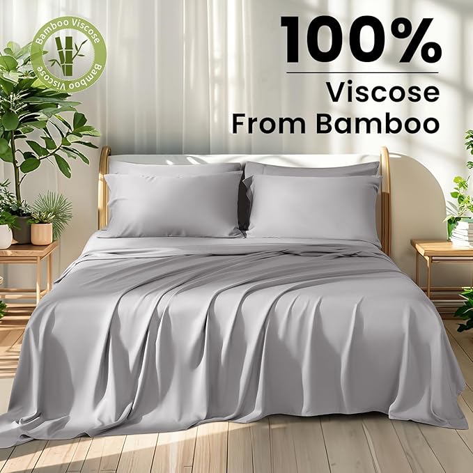 Shilucheng 100% Viscose Derived from Bamboo_ Sheets Cal King Size 6pcs - Ultra Cooling & Silky Soft Bed Sheets, 16" Deep Pocket, Perfect for Hot Sleepers, Hotel Bedding Sheets (Grey)