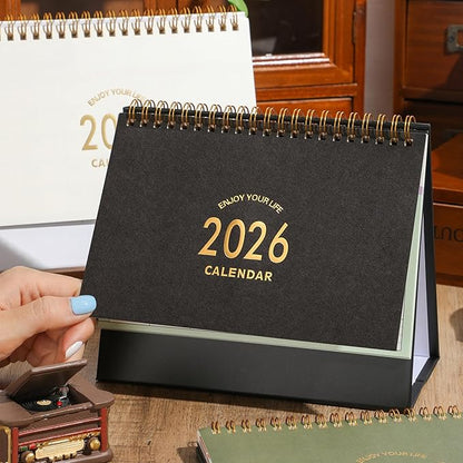 Small Desk Calendar 2025-2026, Use Now to Dec 2026, Standing Flip Desk Calendar with To-do List & Notes, Metal Ring Twin-Wire Binding with Stickers, Monthly Desktop Calendar for Home Office (Black)