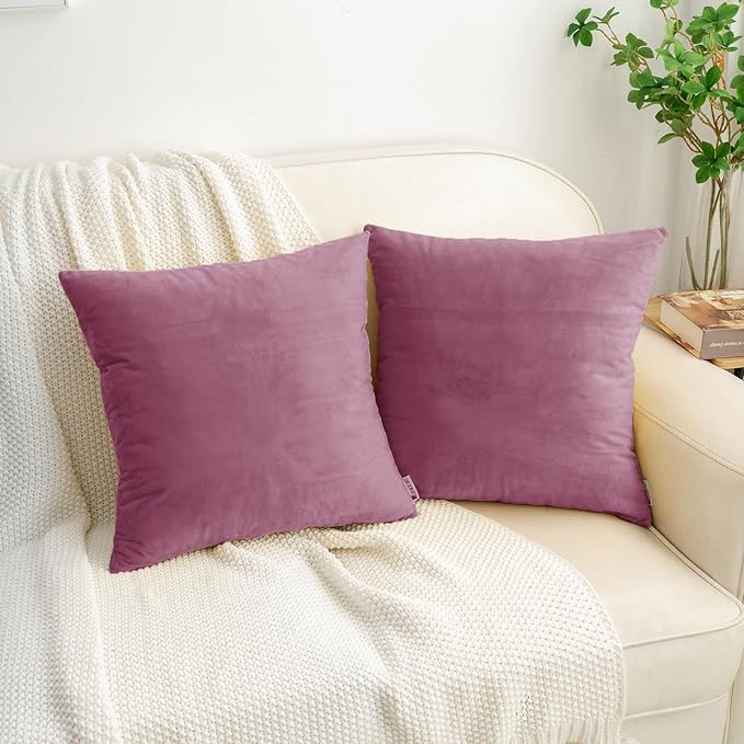 HWY 50 Purple Pink Velvet Throw Pillow Covers 18x18 Inch, Pack of 2 Soft Cozy Solid Decorative Luxury Cushion Cases for Couch Sofa Bed Living Room Bedroom