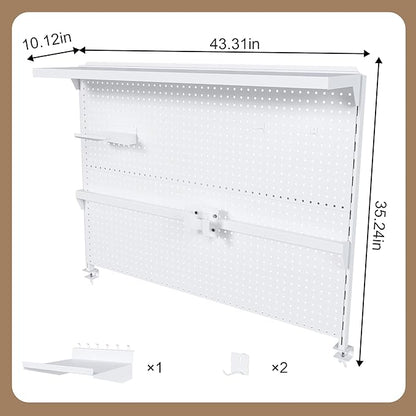 KEIKI Clamp-On Desk Pegboard with Single Monitor Stand, 43" x 35" Steel Peg Board Office Organizer with Hooks, Movable Panel & Shelf for Office Supplies, Gaming Setup & Desk Organization, White