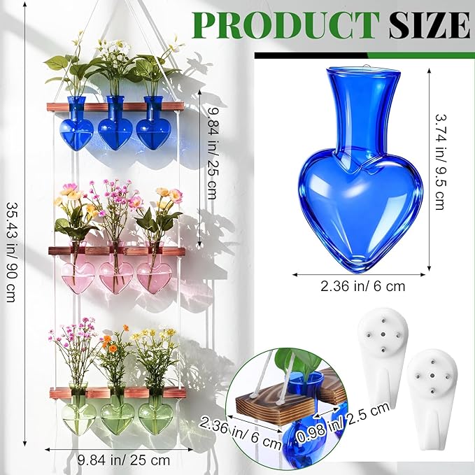 Leinuosen Wall Hanging Plant Propagation Stations 3 Tiered Planter Terrarium with Wooden Stand Home Decor Valentines Gifts for Her Hydroponics Plant Lovers - 9 Glass Vases(Heart Shaped,Multicolor)