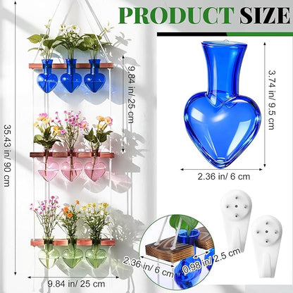 Leinuosen Wall Hanging Plant Propagation Stations 3 Tiered Planter Terrarium with Wooden Stand Home Decor Valentines Gifts for Her Hydroponics Plant Lovers - 9 Glass Vases(Heart Shaped,Multicolor)