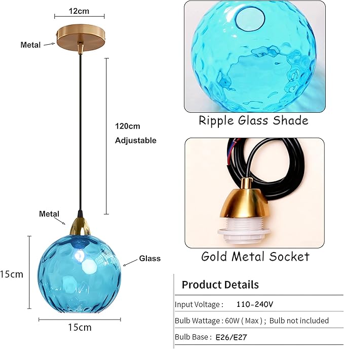 15cm/5.9’’ Industrial Vintage Spherical Glass Pendant Light, E26 Ceiling Hanging Lamp, Gold Finish & Ripple Glass Globe Shade, Dining Room Bedroom Chandelier (Azure Blue)