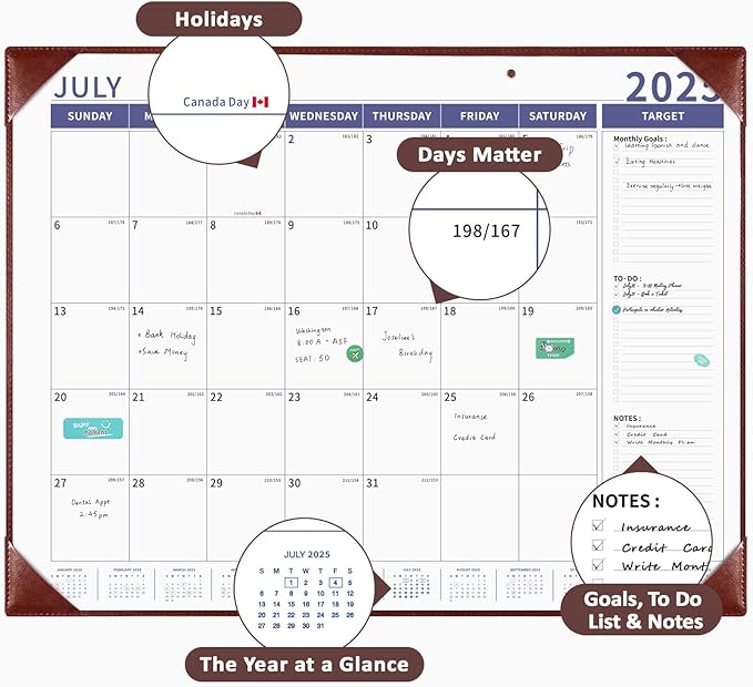 Ospelelf Large Desk Calendar 2025-2026 with PU Leather Pad, 18 Months Planner Pad from July 2025 to Dec 2026, 22" x 17" Wall Calendar with Protective Cover for Home or Office, Brown