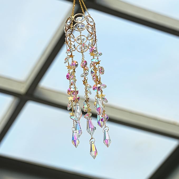 H&D HYALINE & DORA 15.5 Inch Crystal Suncatcher Hanging Window Sun Catcher with Colorful Beads Chain Gold-Plated Rainbow Maker for Indoor Outdoor Garden Christmas Decoration