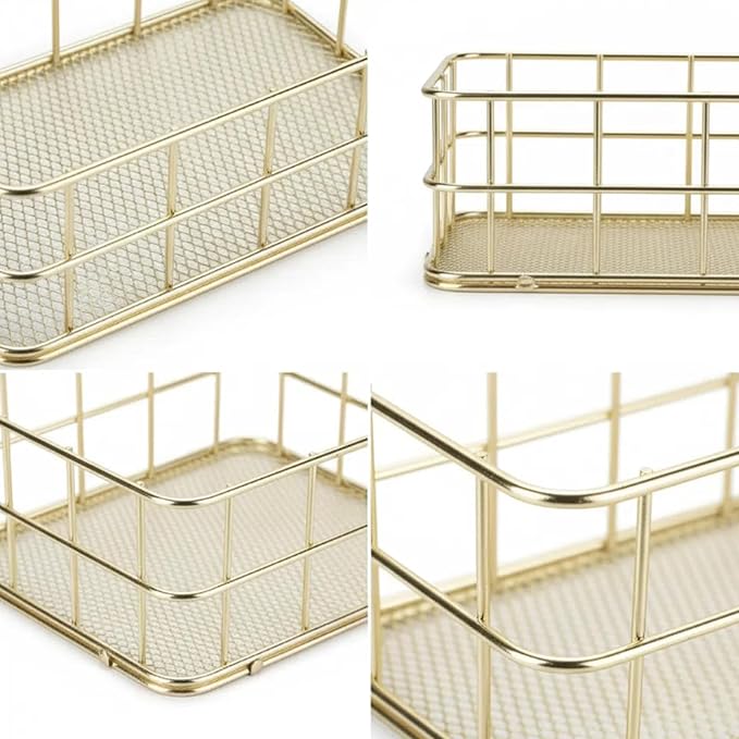 Two Small Gold Wire Basket - 9.6x6.7x2.8 、6.8*4.8*2.3inch ,Metal Wire Mesh Storage Basket for Home Organization | Ideal for Desk, Laundry, Wedding Bathroom & Cosmetic Stations