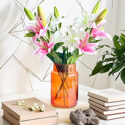 BLOFLO Orange Glass Vase, 9 Inch Large Glass Vase for Flowers, Modern Thick Glass Flower Vases for Centerpieces, Decorative Glass Cylinder Hydroponic Vase for Wedding, Home, Office (Orange, 9Inch)
