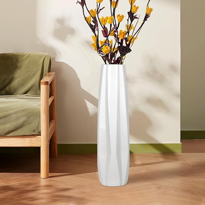 White Ceramic Floor Vase 28" – Origami Farmhouse Porcelain Tall Vase for Living Room & Office