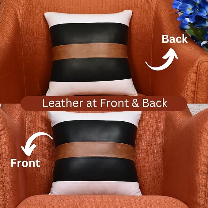 LL LEATHER LOVERS Genuine Lambskin Leather Pillow Cover, 20x20 Inch Case for Lumbar Throw Couch Pillows, Thick & Soft Cushion Covers for Sofa Bed Home Décor (White Black & Tan Pack of 1)