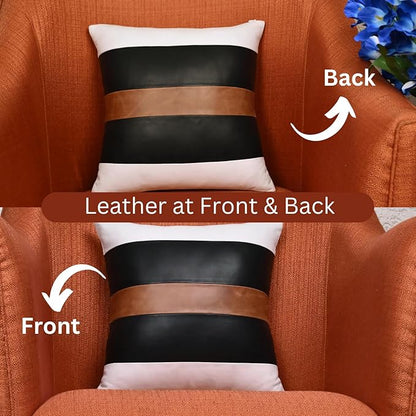 LL LEATHER LOVERS Genuine Lambskin Leather Pillow Cover, 16x16 Inch Case for Lumbar Throw Couch Pillows, Thick & Soft Cushion Covers for Sofa Bed Home Décor (White Black & Tan Pack of 2)