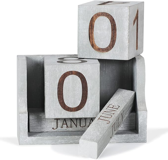 Wooden Desk Calendar,Desk Calendar Blocks for Teachers,Office Perpetual Date Block Small Home Desktop Decor Chic Vintage Month with Number Cubes Display Rustic Decoration(Vintage Grey)