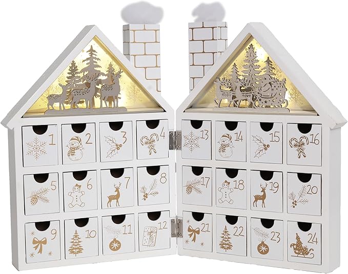 Wooden Christmas Advent Calendar House with 24 Drawers and Led Lights Countdown Calendars for Christmas Decoration 2023, Candy Box (White Forest)