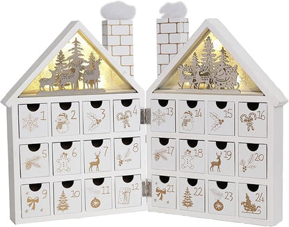 Wooden Christmas Advent Calendar House with 24 Drawers and Led Lights Countdown Calendars for Christmas Decoration 2023, Candy Box (White Forest)