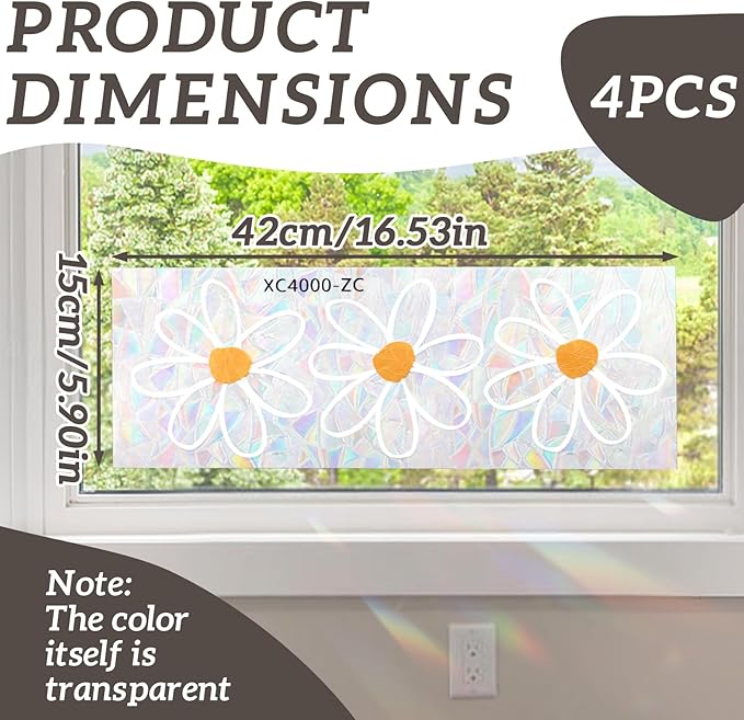 4 Sheets PVC Static Flower Suncatcher Window Stickers, Reusable Rainbow Daisy Prism Window Clings, Anti Collision Shiny Glass Stickers Decoration for Bird Home Shop Office Classroom Mirror
