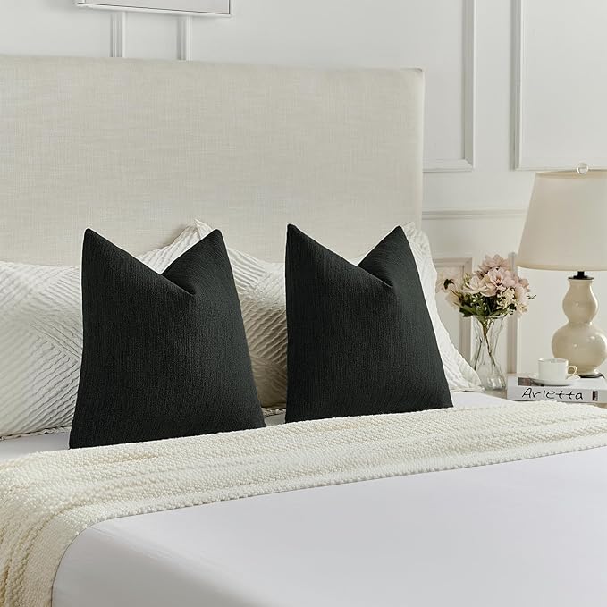 FUTEI Black Chenille Decorative Throw Pillow Covers 26x26 Inch Set of 2,Soft Cozy Faux Linen Textured Euro Pillow Shams,Farmhouse Home Decor for Couch Living Room