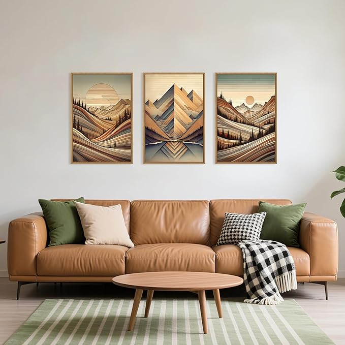 Aryroi Vintage Woodcut Style Mountain Framed Canvas Wall Art Set,Mid Century Nature Woodland Pine Tree Wall Decor,Modern Boho Brown Sunrise Forest Artwork for Living Room,Bedroom,Office-24 x36 x3