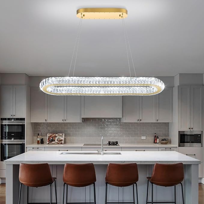 LED Ring Chandelier Oval Rings Pendant Lights for Dining Table Kitchen Island Remote Dimmable Hanging Light Chandeliers for Entryway Living Room Crystal Lighting Gold
