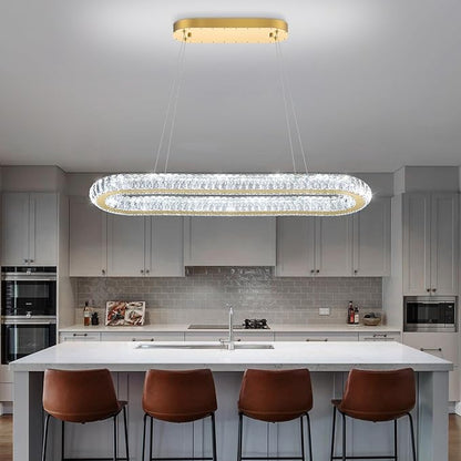 LED Ring Chandelier Oval Rings Pendant Lights for Dining Table Kitchen Island Remote Dimmable Hanging Light Chandeliers for Entryway Living Room Crystal Lighting Gold