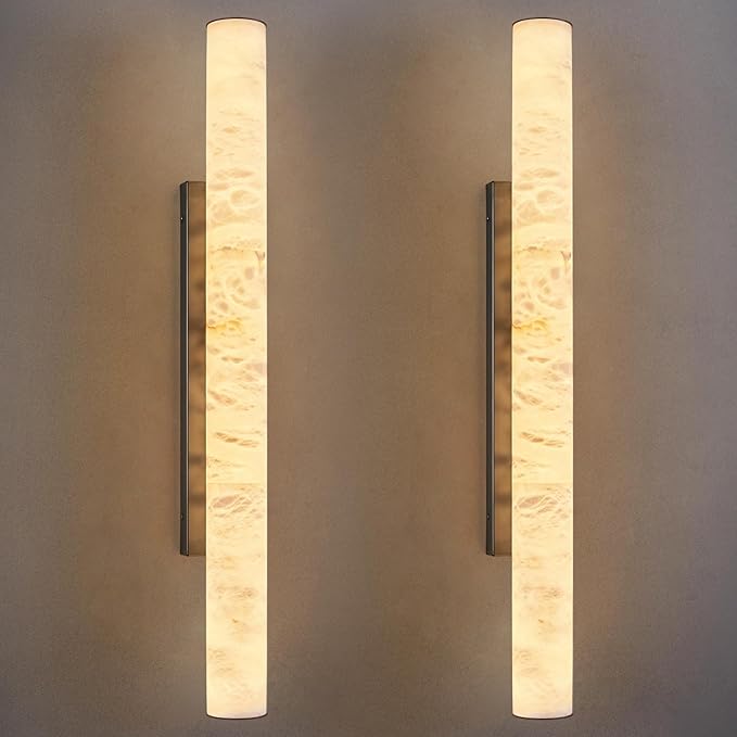 LMQNINE Natural Alabaster Wall Sconces Set of Two Spanish Marble Wall Light Cylinder Modern Black LED Sconce for Living Room Bedroom Bathroo Stairs（L-2Pack）