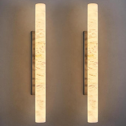 LMQNINE Natural Alabaster Wall Sconces Set of Two Spanish Marble Wall Light Cylinder Modern Black LED Sconce for Living Room Bedroom Bathroo Stairs（L-2Pack）