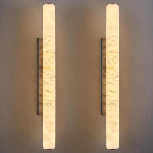 LMQNINE Natural Alabaster Wall Sconces Set of Two Spanish Marble Wall Light Cylinder Modern Black LED Sconce for Living Room Bedroom Bathroo Stairs（L-2Pack）