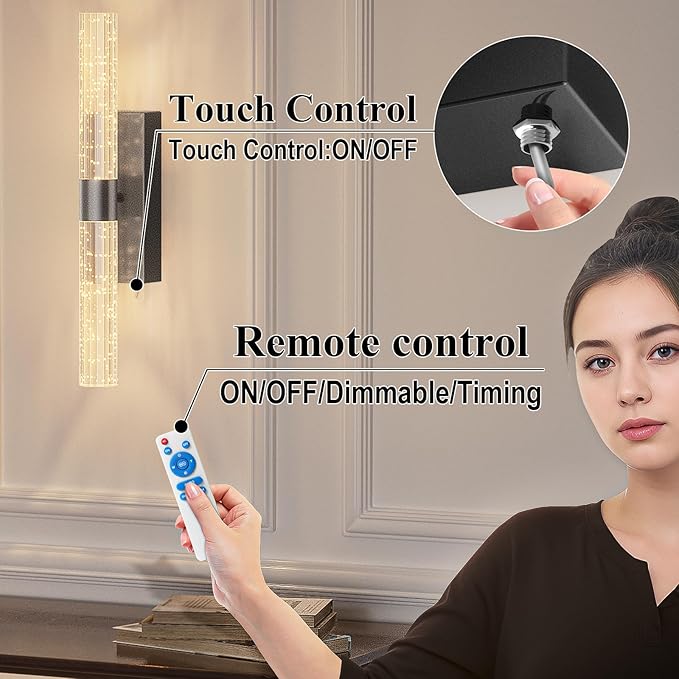 camuucci Battery Operated Black Wall Sconces Set of 2 Rechargeable Battery Powered Wall Light with 18000mAh Indoor Not Hardwired Dimmable Wall Lamp Fixtures for Bedroom Living Room 20.9 Inches