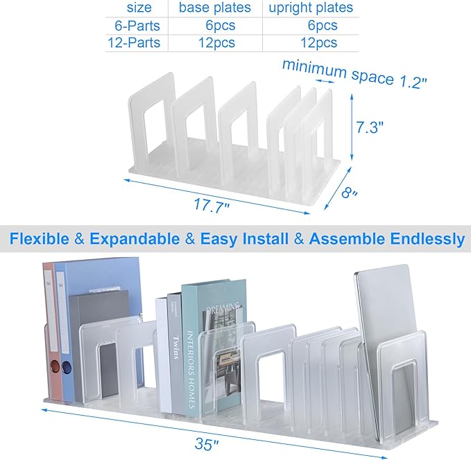 Translucent Frosted Adjustable Vertical File Sorter Sturdy Plastic Expandable Upright File Holder, Desktop Binder Organizer, School Office File Book Organization, Assemble Easily Endlessly
