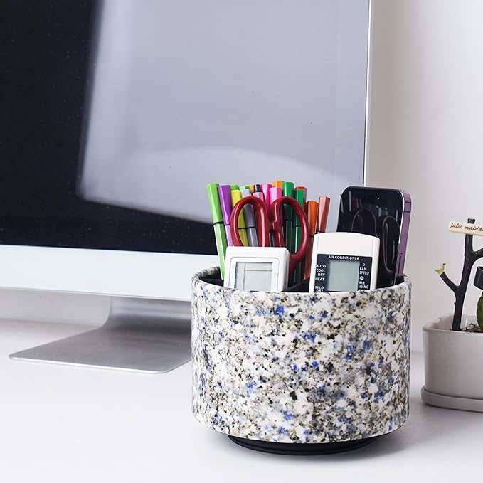 Round Leather Art Supply Organizer,Remote Control Holder,360-degree Rotating Pen Organizer with 4 Compartments(1-Marble Flower)