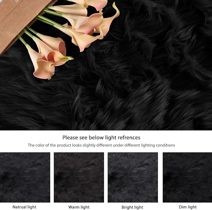 Black Shag Washable Furry Fur Area Rugs for Bedroom Faux Sheepskin Fuzzy Fur Nursery Rug Runners 2x6 Cute Room Décor