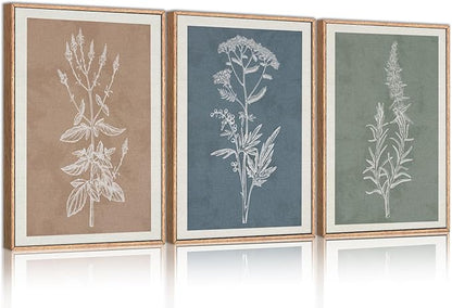 HLNIUC Neutral Botanical Framed Wall Art Set, Boho Minimalist Plant Canvas Wall Decor, Vintage Leaf Wall Painting, Nature Floral Silhouette Art Print for Bedroom, Living Room, Study - 16”x24”x3