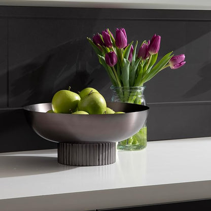 Kate and Laurel Rooks Ribbed Decorative Metal Bowl, 12 Inch Diameter, Gray Gunmetal, Modern Raised Fruit Bowl for Kitchen Counter or Use as a Key Bowl for an Entryway Table